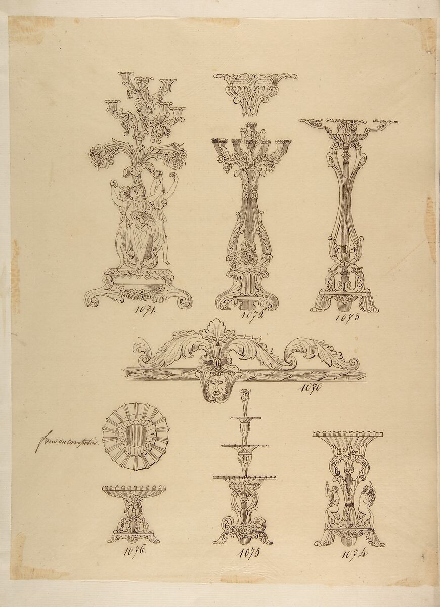 Designs for Three Candelabras, Two Fruit Dishes and a Server, Anonymous, French, 19th century, Pen and brown ink 