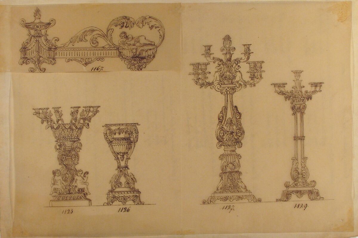 Designs for Three Candelabras and an Urn, Anonymous, French, 19th century, Pen and brown ink