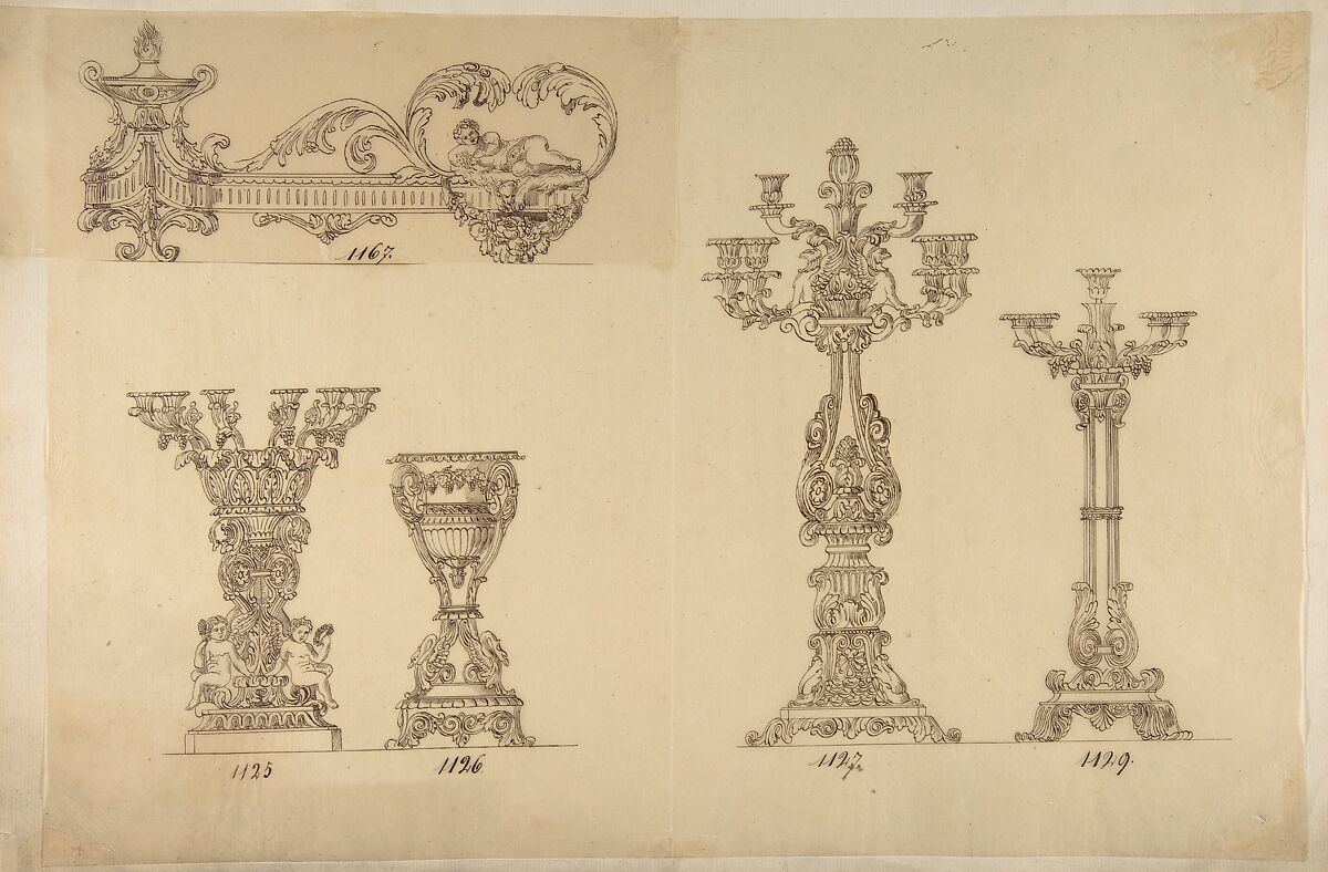 Designs for Three Candelabras and an Urn, Anonymous, French, 19th century, Pen and brown ink 