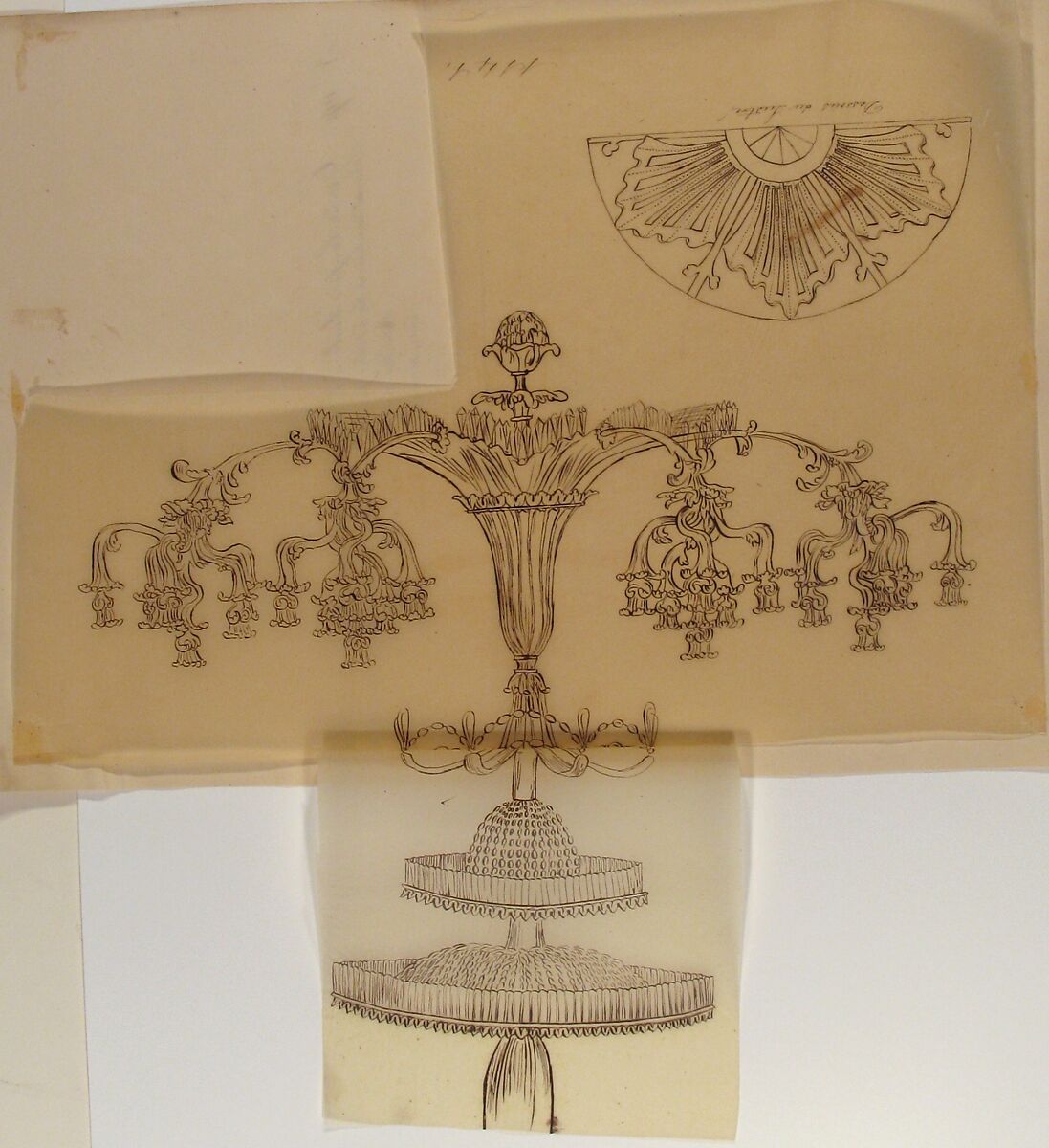 Designs for a Chandelier and a Plaster Mount, Anonymous, French, 19th century, Pen and brown ink