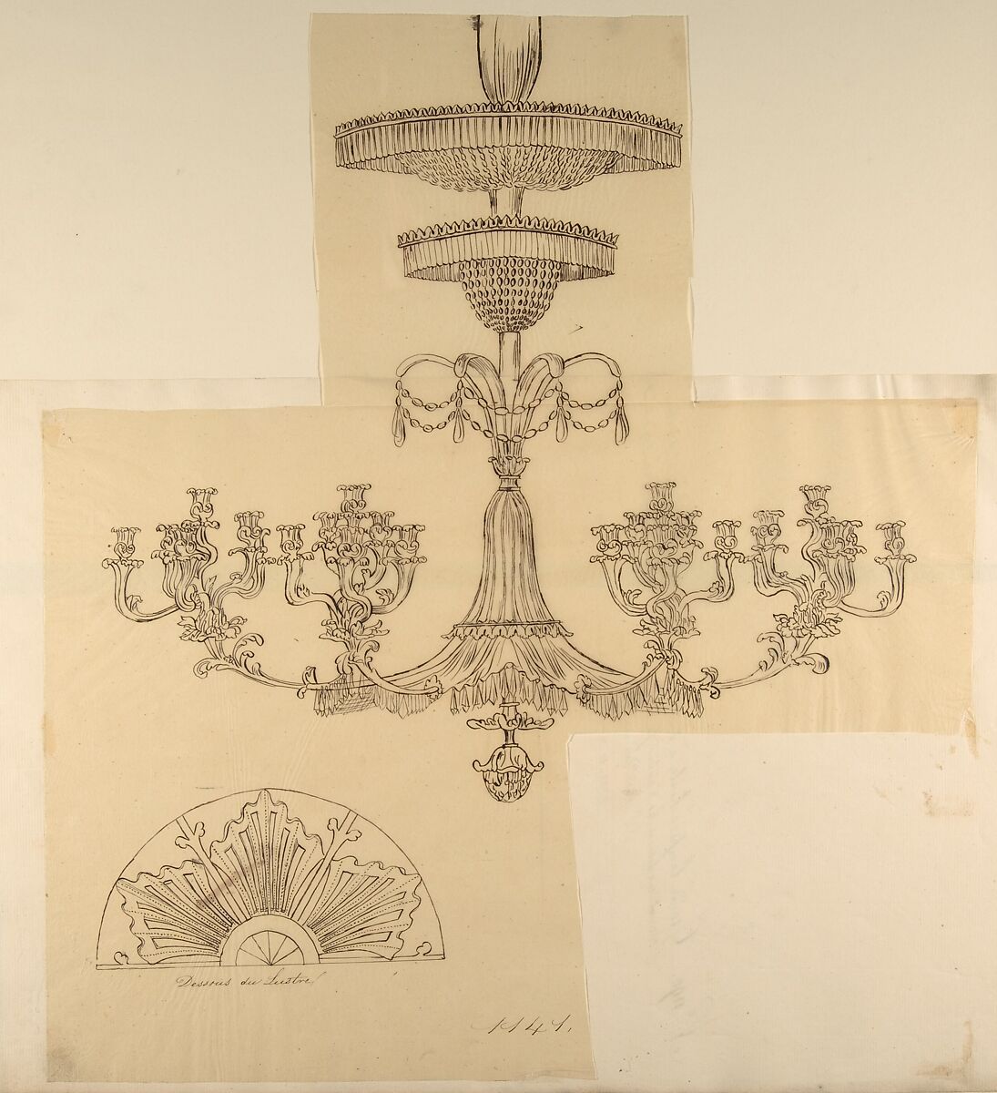 Designs for a Chandelier and a Plaster Mount, Anonymous, French, 19th century, Pen and brown ink 