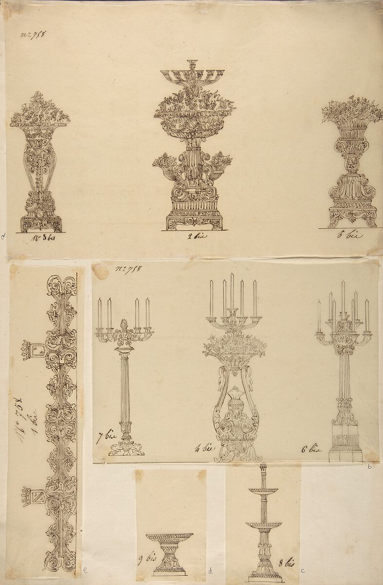 Designs for Three Planters, Three Candelabras, a Dish and a Serving Tray, Anonymous, French, 19th century, Pen and brown ink 