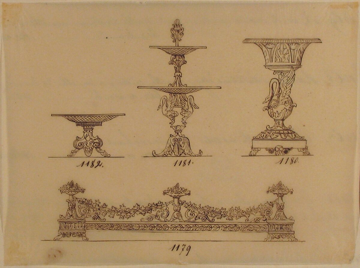 Design for a Compote Dish, a Server and an Urn, Anonymous, French, 19th century, Pen and brown ink