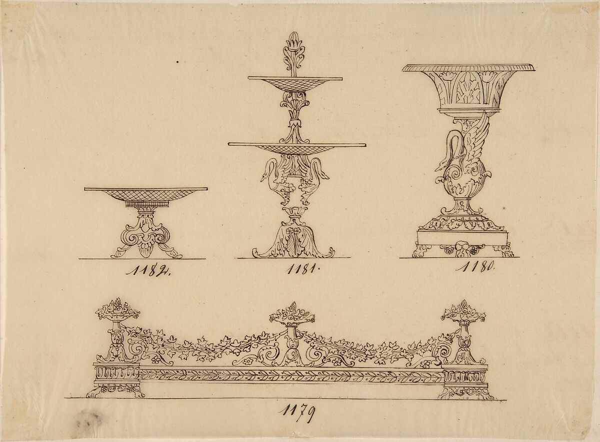 Design for a Compote Dish, a Server and an Urn, Anonymous, French, 19th century, Pen and brown ink 
