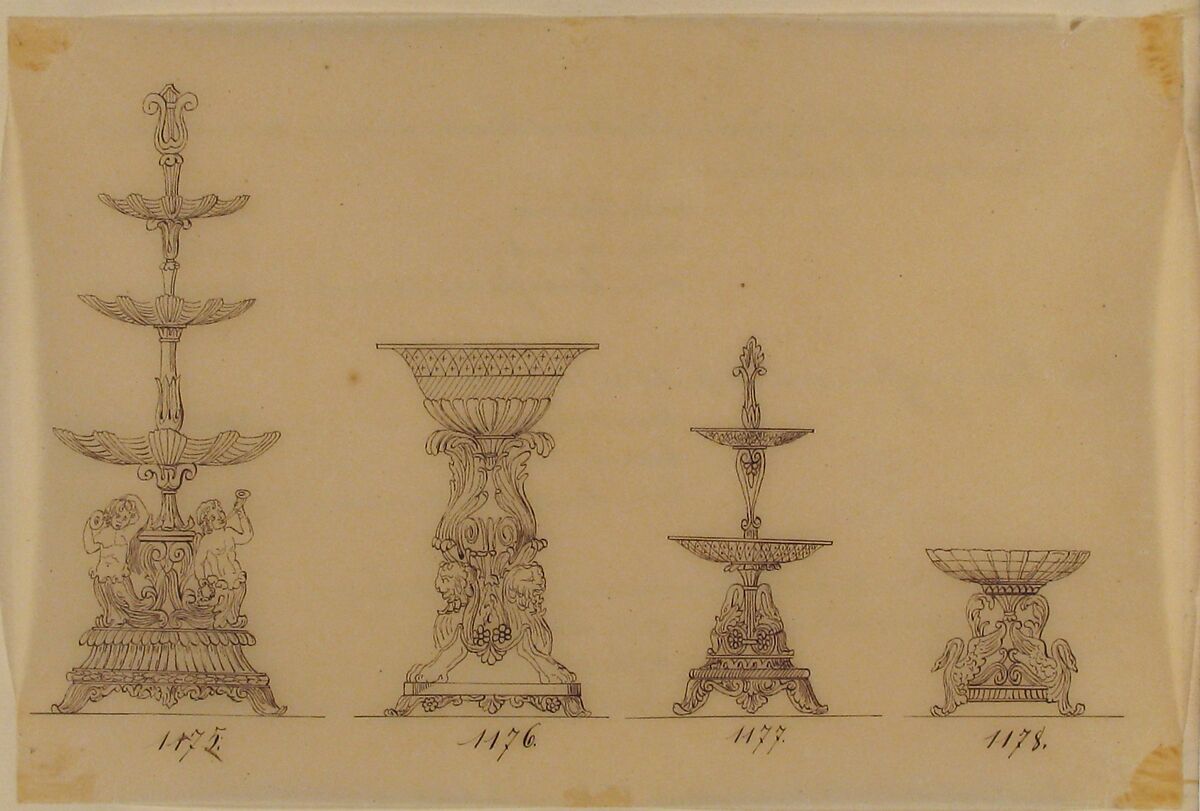 Designs for Two Servers and Two Compote Dishes, Anonymous, French, 19th century, Pen and brown ink