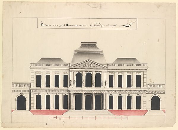 Elevation for a Town House or a Municipal Building, Renaud, Pen and gray and black ink, brush and gray, black, and rose wash