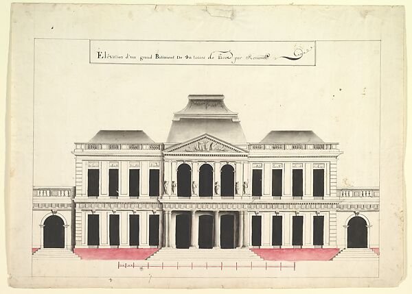 Elevation for a Town House or a Municipal Building, Renaud, Pen and gray and black ink, brush and gray, black, and rose wash 