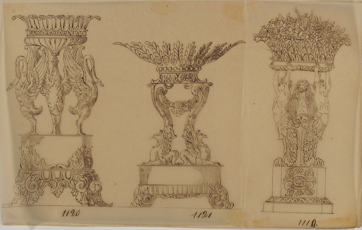 Designs for Two Serving Dishes and a Planter, Anonymous, French, 19th century, Pen and brown ink