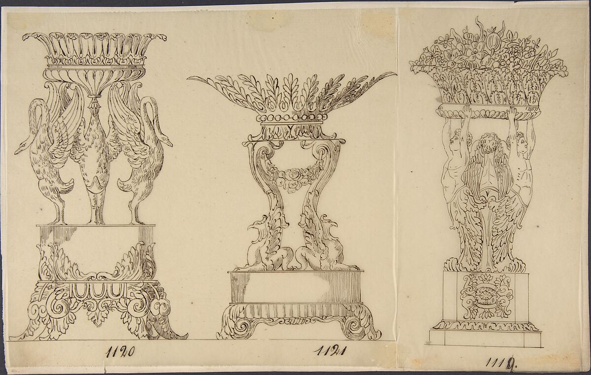 Designs for Two Serving Dishes and a Planter, Anonymous, French, 19th century, Pen and brown ink 