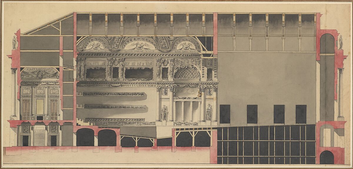 Longitudinal Section of a Theatre, Nicolas Marie Potain (1713–1796), Pen and black and gray ink, brush and gray, black, rose, and yellow wash 