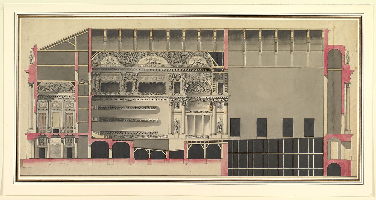 Longitudinal Section of a Theatre, Nicolas Marie Potain (1713–1796), Pen and black and gray ink, brush and gray, black, rose, and yellow wash