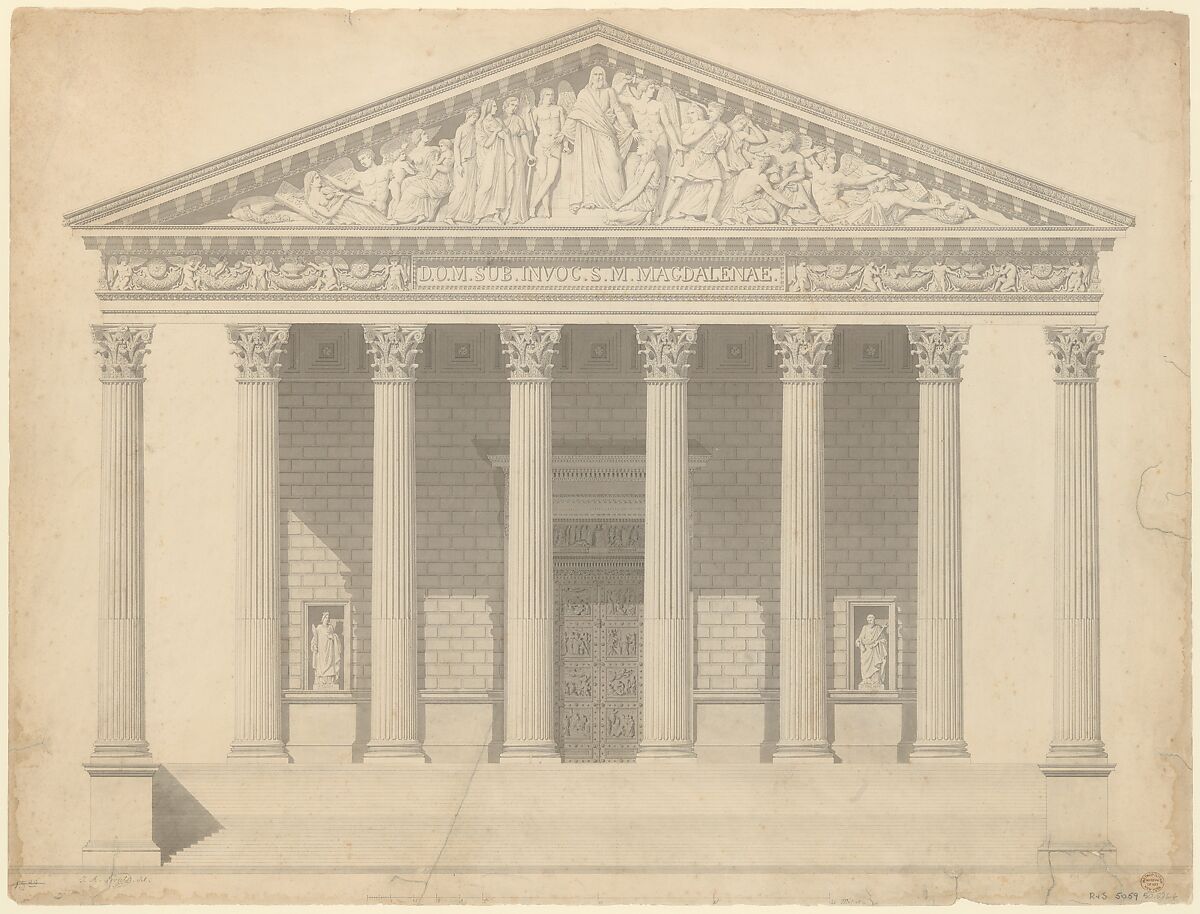 Façade of the Madeleine, Paris, Jean-Arnould Léveil (French, Paris 1806–1866 Paris), Pen and gray ink, brush and gray wash 