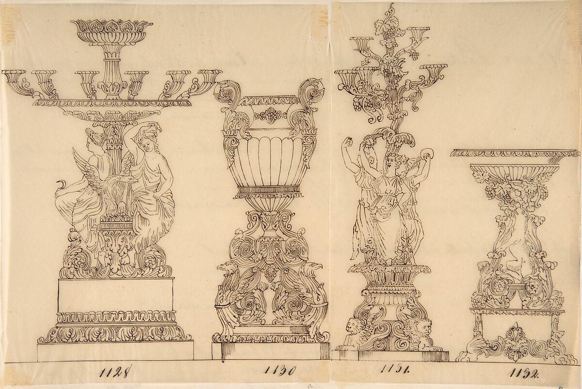 Designs for Two Candelabras and Two Urns, Anonymous, French, 19th century, Pen and brown ink 
