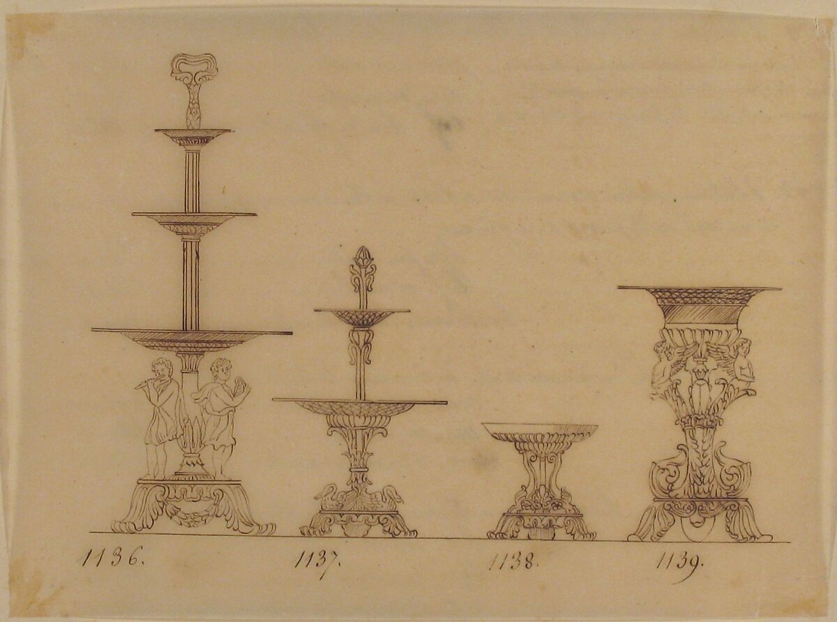 Designs for Serving Trays, a Dish and an Urn, Anonymous, French, 19th century, Pen and brown ink