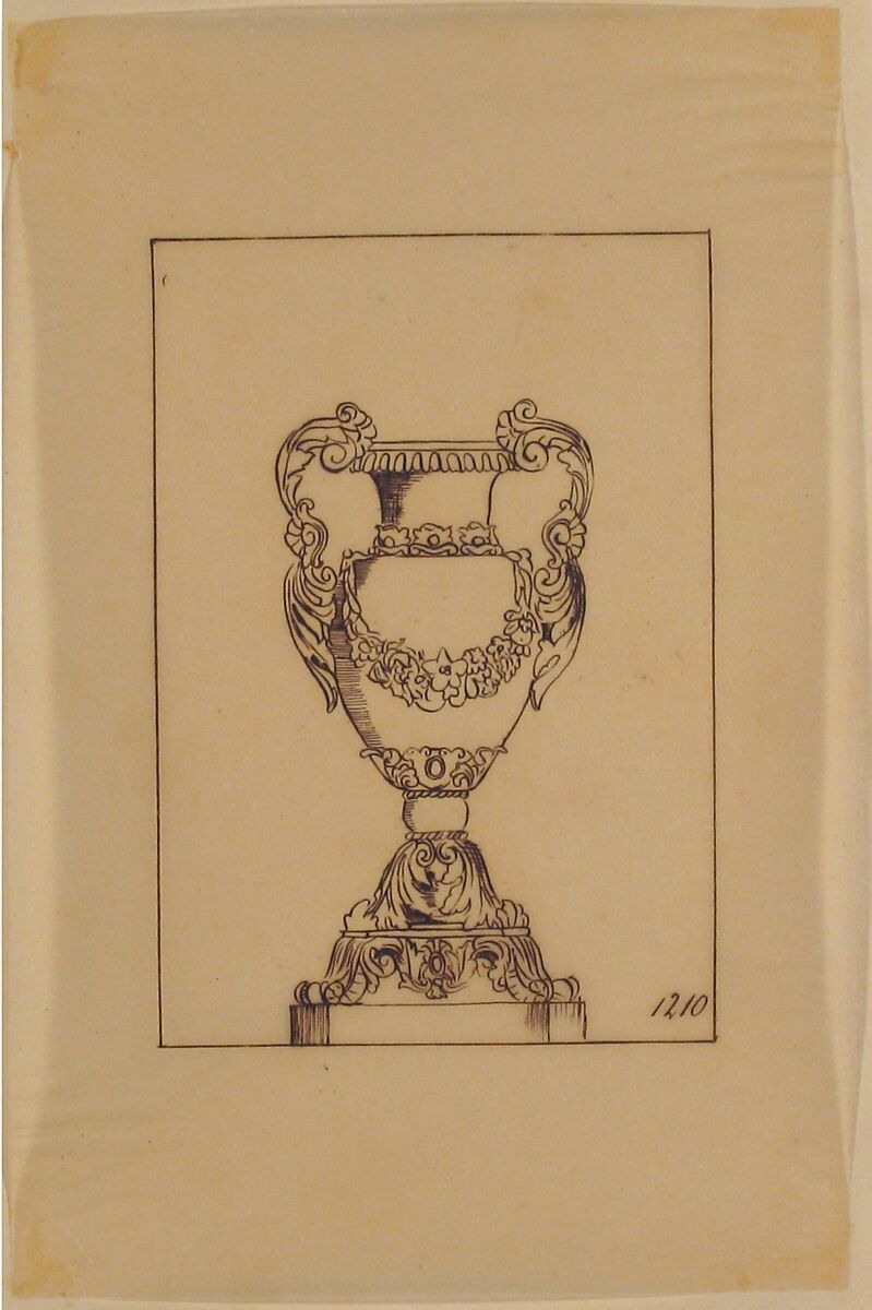 Design for an Urn, Anonymous, French, 19th century, Pen and brown ink.  Framing lines in pen and brown ink. 