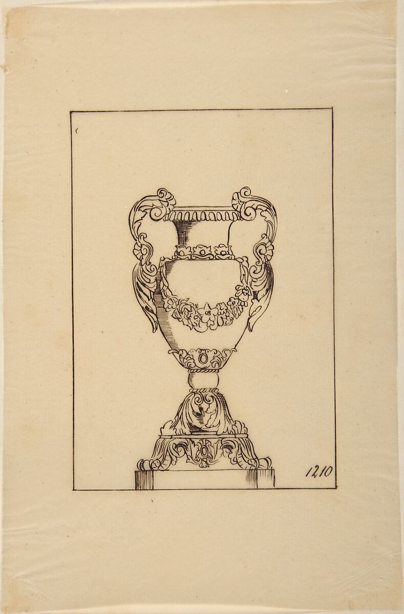 Design for an Urn, Anonymous, French, 19th century, Pen and brown ink.  Framing lines in pen and brown ink.