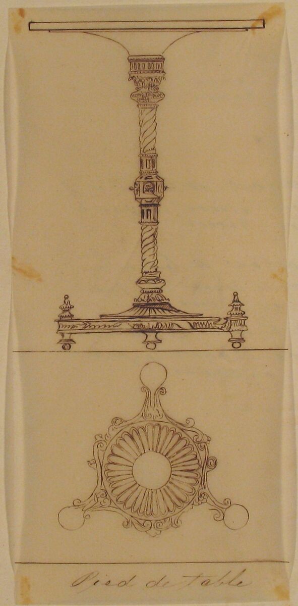 Designs for a Table and a Table Base, Anonymous, French, 19th century, Pen and brown ink 