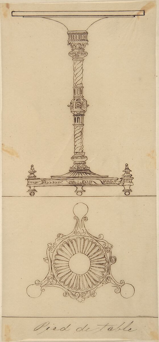 Designs for a Table and a Table Base, Anonymous, French, 19th century, Pen and brown ink