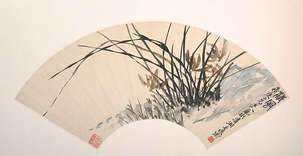 Orchid, Wu Changshuo (Chinese, 1844–1927), Folding fan mounted as an album leaf; ink and color on alum paper, China 
