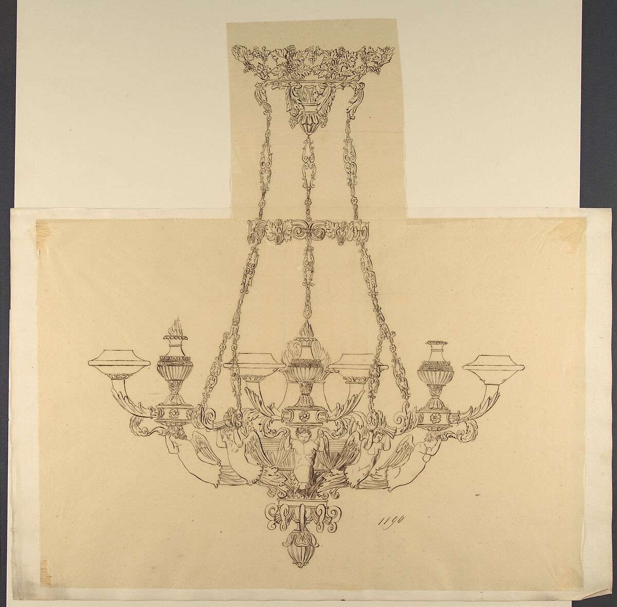 Design for a Chandelier, Anonymous, French, 19th century, Pen and brown ink 