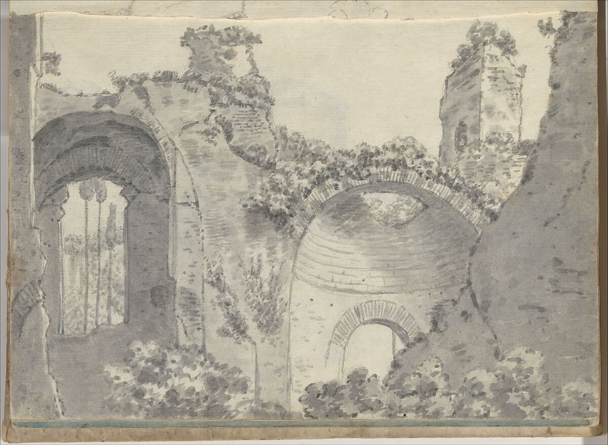 Small Italian sketchbook (containing 43 drawings on 44 leaves), Joseph Wright (Wright of Derby) (British, Derby 1734–1797 Derby), Graphite, pen and ink, gray wash and yellow wash or watercolor 