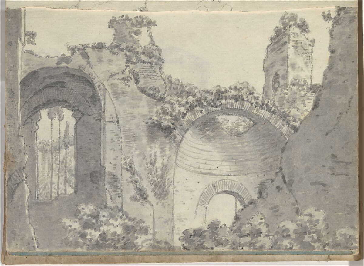 Small Italian sketchbook (containing 43 drawings on 44 leaves), Joseph Wright (Wright of Derby) (British, Derby 1734–1797 Derby), Graphite, pen and ink, brush and gray and yellow wash or watercolor 