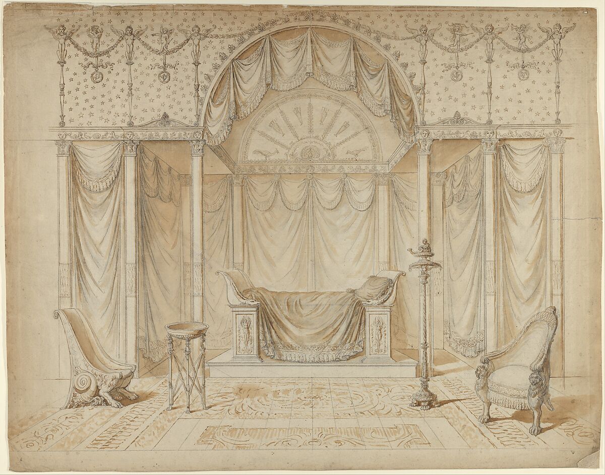 Design for a Bed Alcove in Empire Style, Anonymous, French, 19th century, Pen and brown ink, brush and brown and blue wash, over graphite (recto); graphite (verso) 