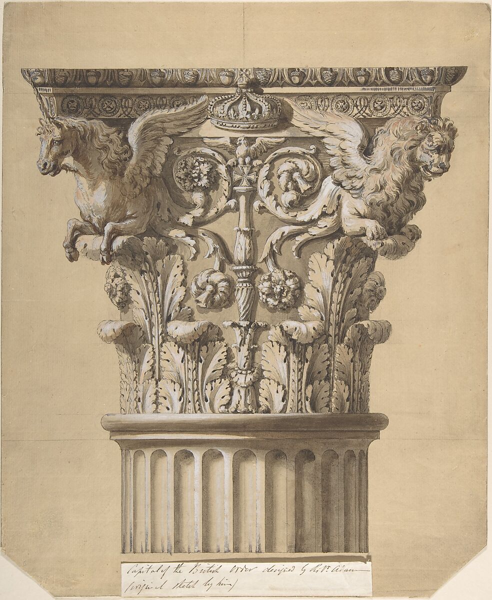 The British Order: Elevation of a Capital and Part of the Fluted Shaft, James Adam (British, Edinburgh, Scotland 1732–1794 London), Pen and ink, brush and wash and gouache (bodycolor) 