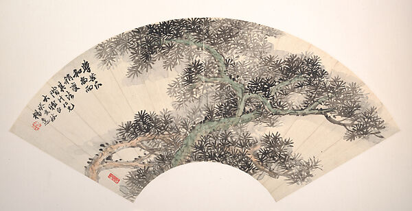 Pine, Yang Yi (Chinese, 1864–1929), Folding fan mounted as an album leaf; ink and color on alum paper, China 