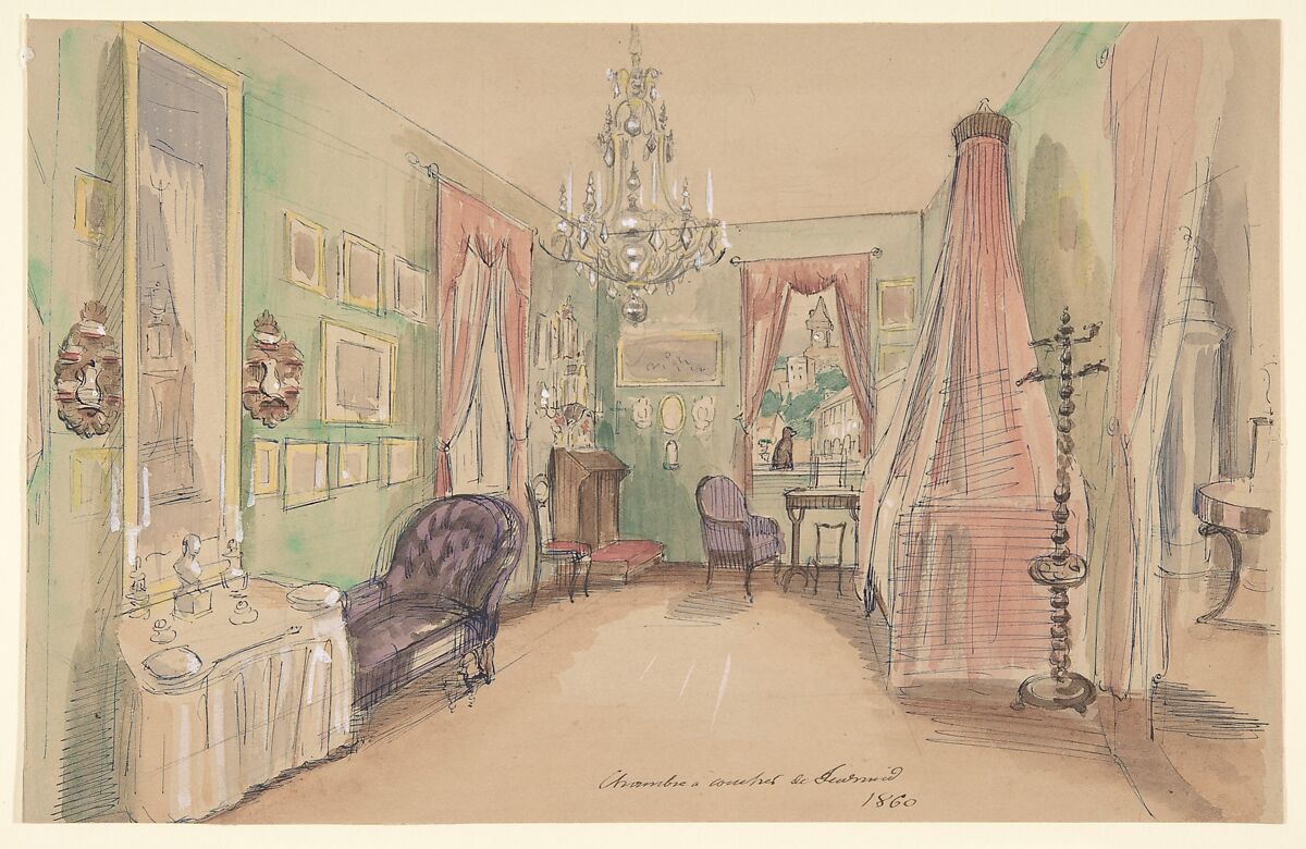 Drawing of an Interior: Bedroom, Anonymous, French, 19th century, Graphite, pen and blue ink, watercolor 