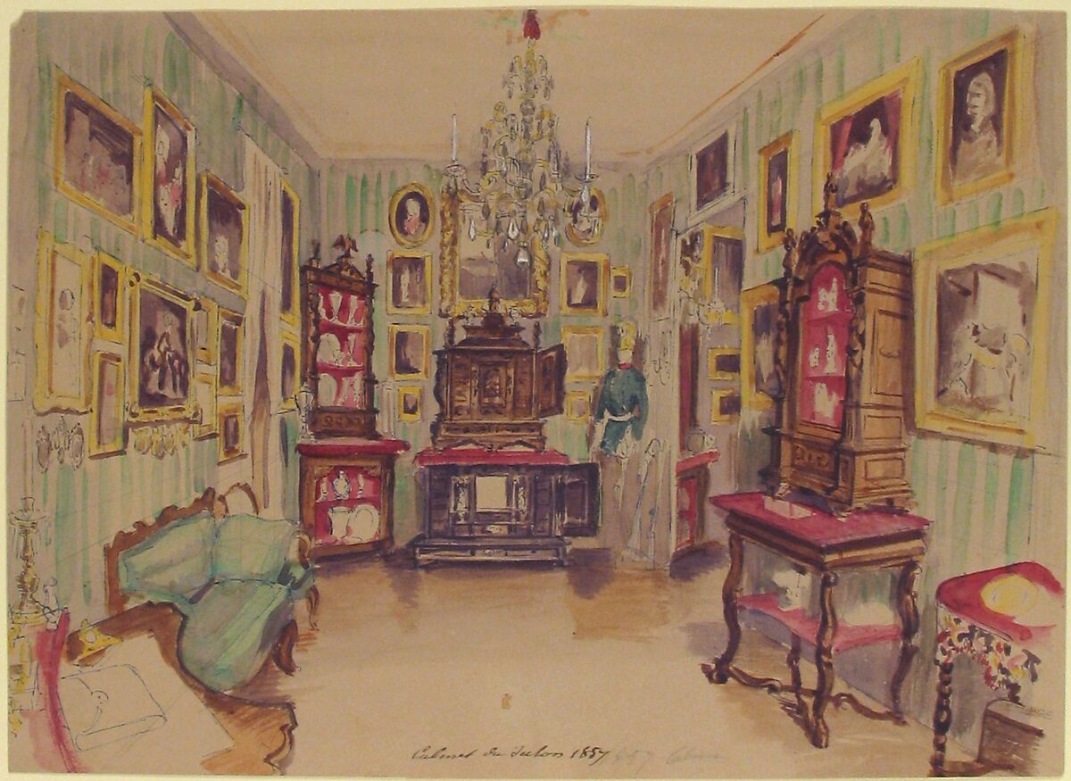 Drawing of an Interior: Cabinet du Salon, Anonymous, French, 19th century, Graphite, pen and blue ink, watercolor, heightened with white