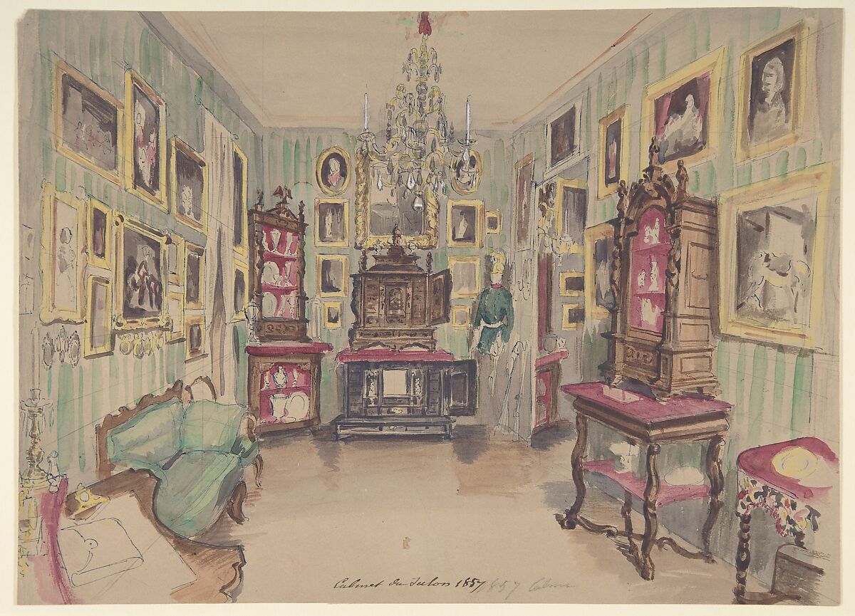 Drawing of an Interior: Cabinet du Salon, Anonymous, French, 19th century, Graphite, pen and blue ink, watercolor, heightened with white 