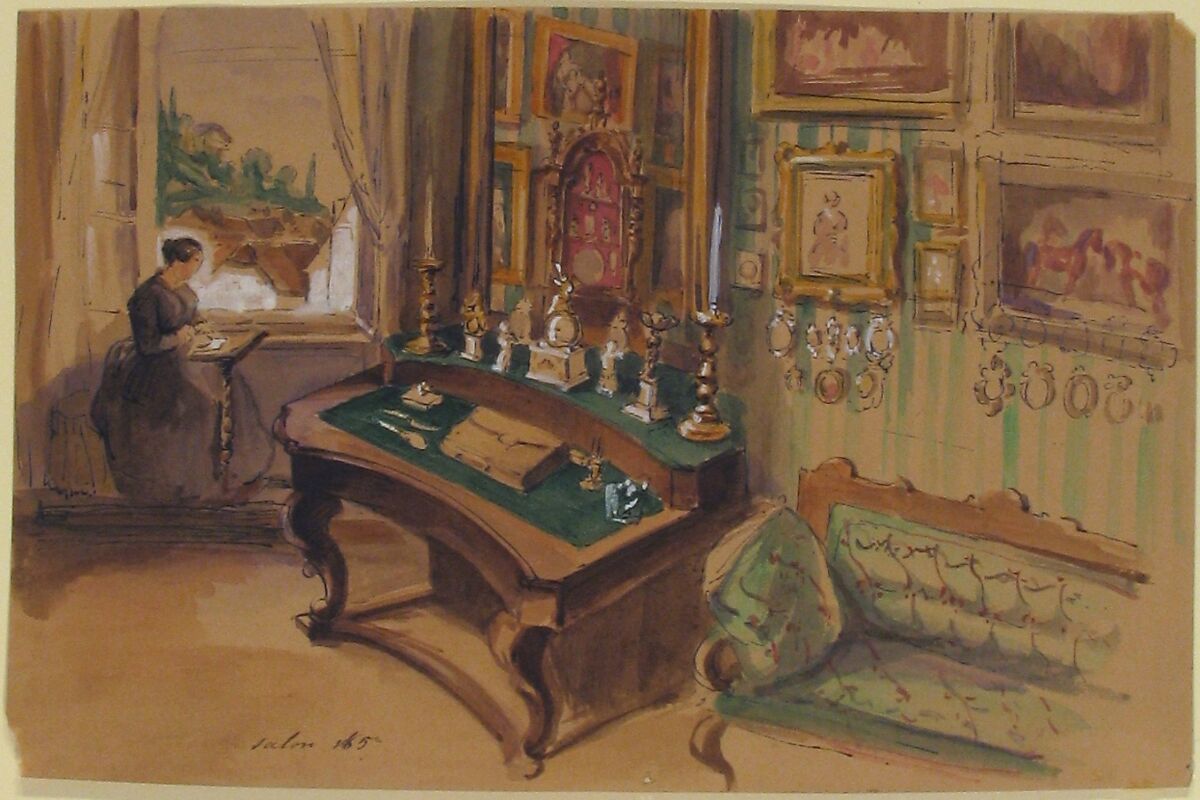 Drawing of an Interior: Salon, Anonymous, French, 19th century, Pen and blue ink, watercolor, heightened with white