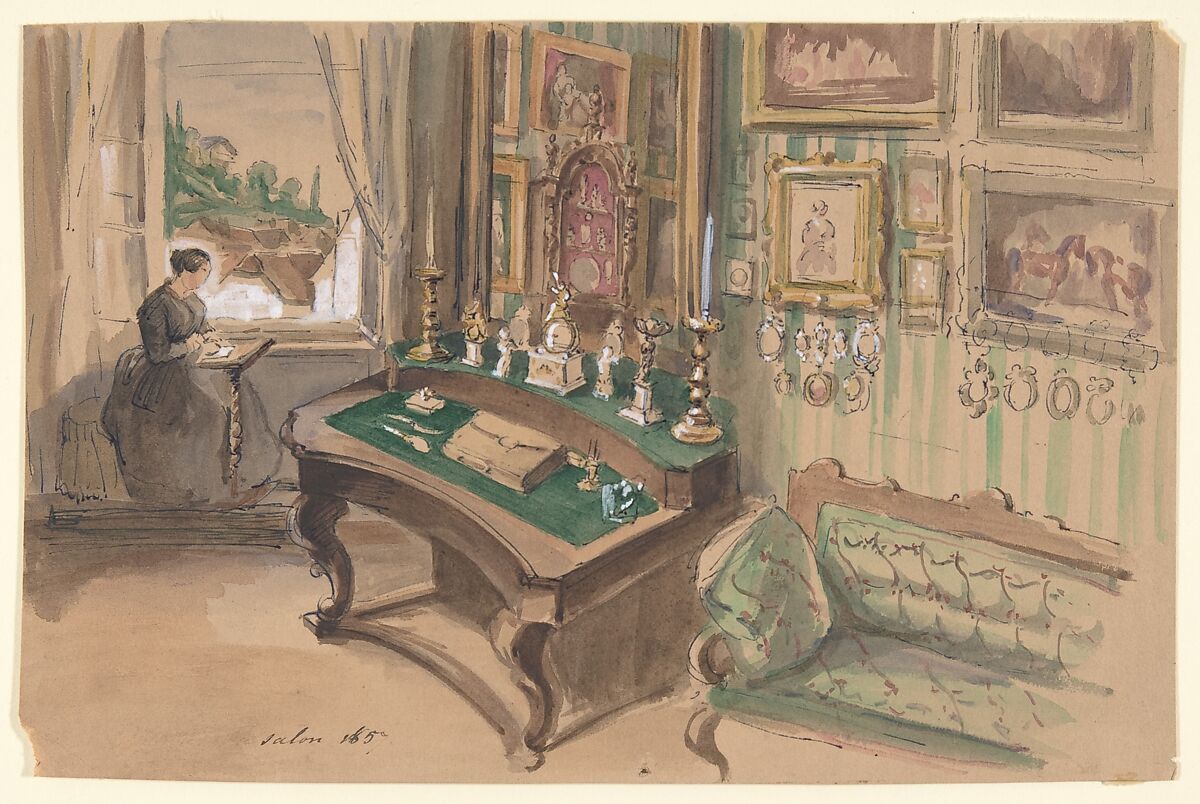 Drawing of an Interior: Salon, Anonymous, French, 19th century, Pen and blue ink, watercolor, heightened with white 