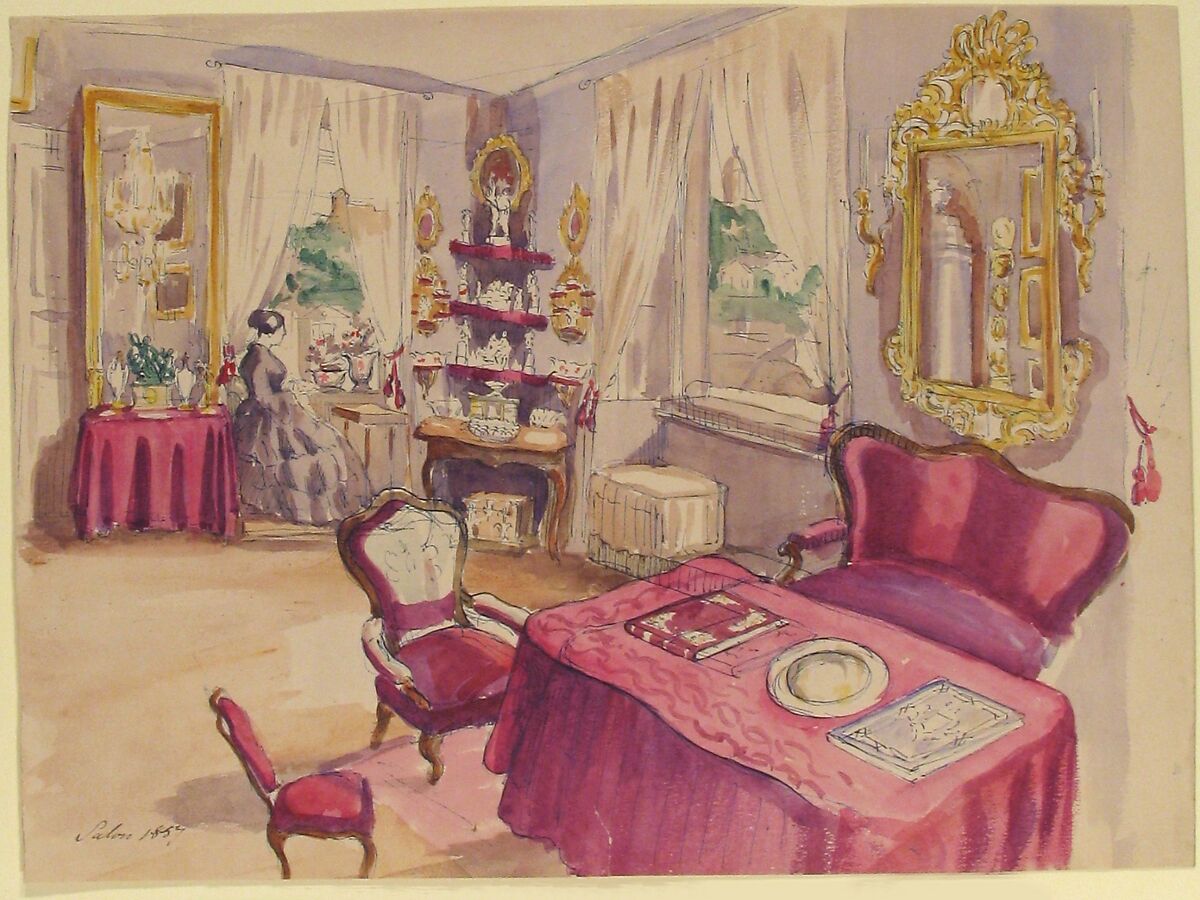 Drawing of an Interior: Salon, Anonymous, French, 19th century, Pen and blue ink, watercolor