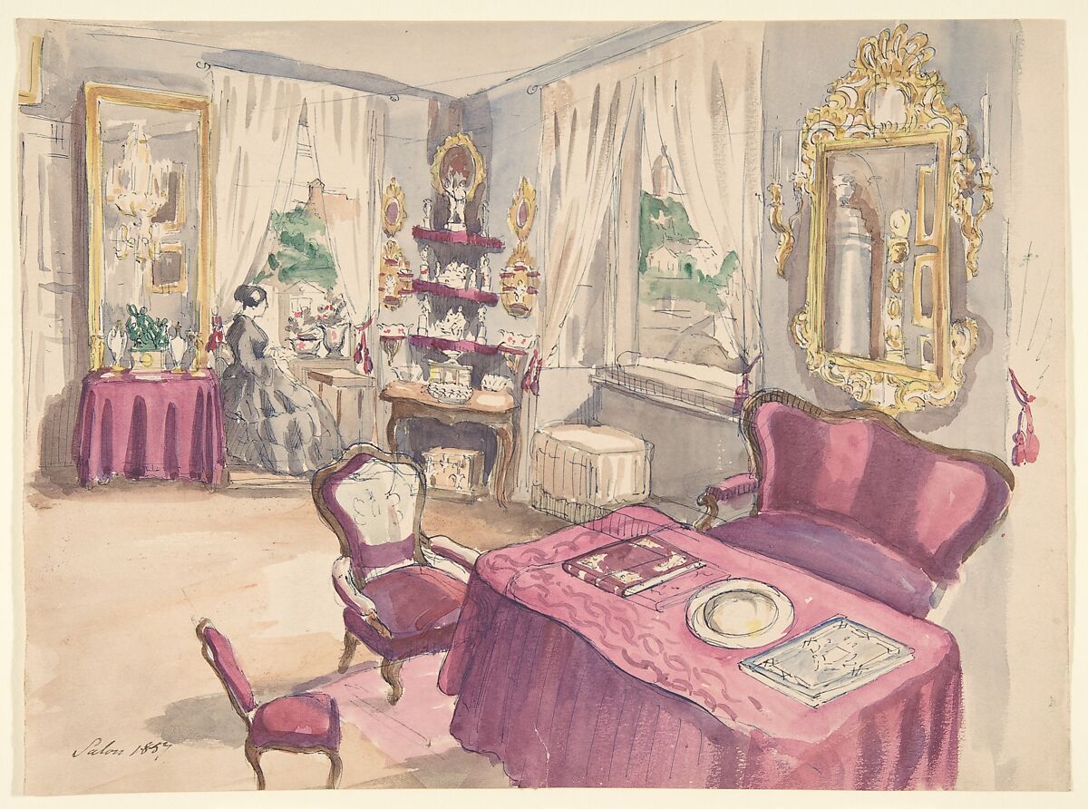 Drawing of an Interior: Salon, Anonymous, French, 19th century, Pen and blue ink, watercolor 
