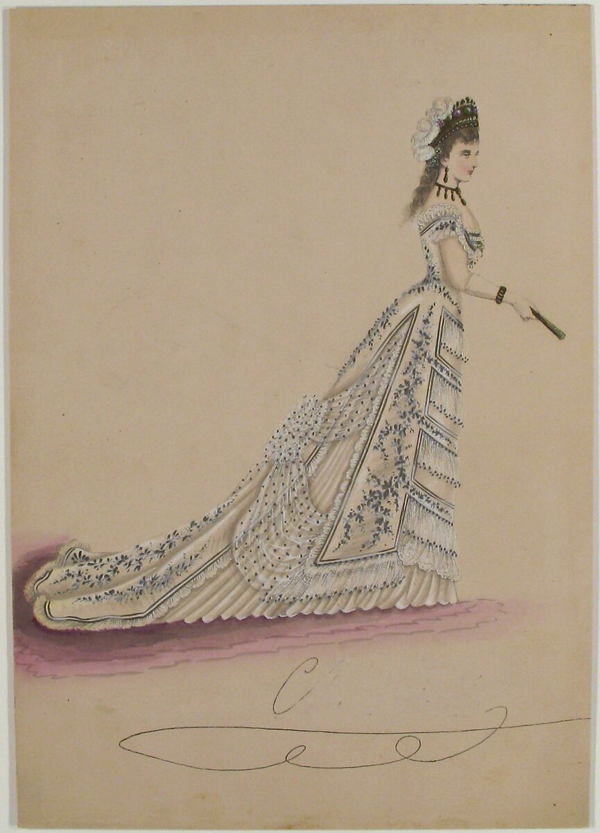 Fashion Study: Woman in a White Floral Dress, Anonymous, French, 19th century, Pen and black ink, brush and gray wash, watercolor, heightened with white