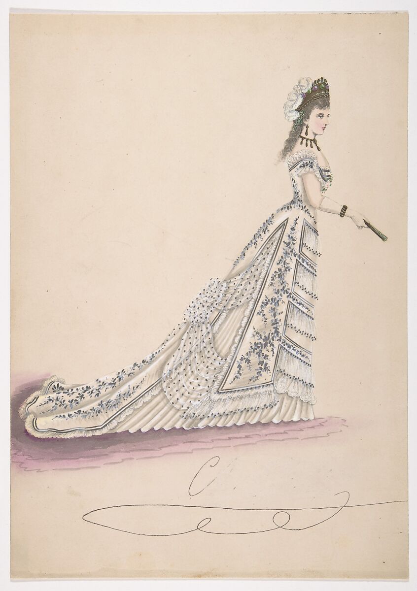 Fashion Study: Woman in a White Floral Dress, Anonymous, French, 19th century, Pen and black ink, brush and gray wash, watercolor, heightened with white 