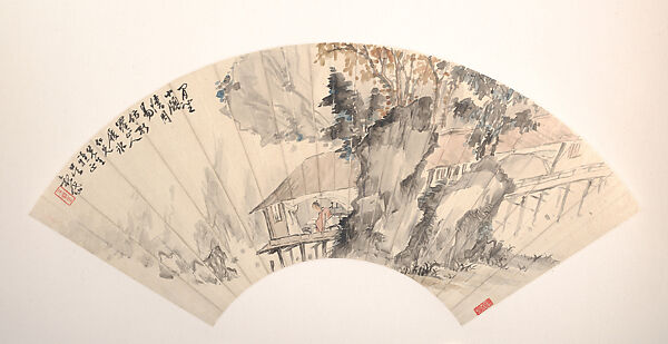 Landscape and Figure, Wu Guandai (Chinese, 1862–1929), Folding fan mounted as an album leaf; ink and color on alum paper, China 