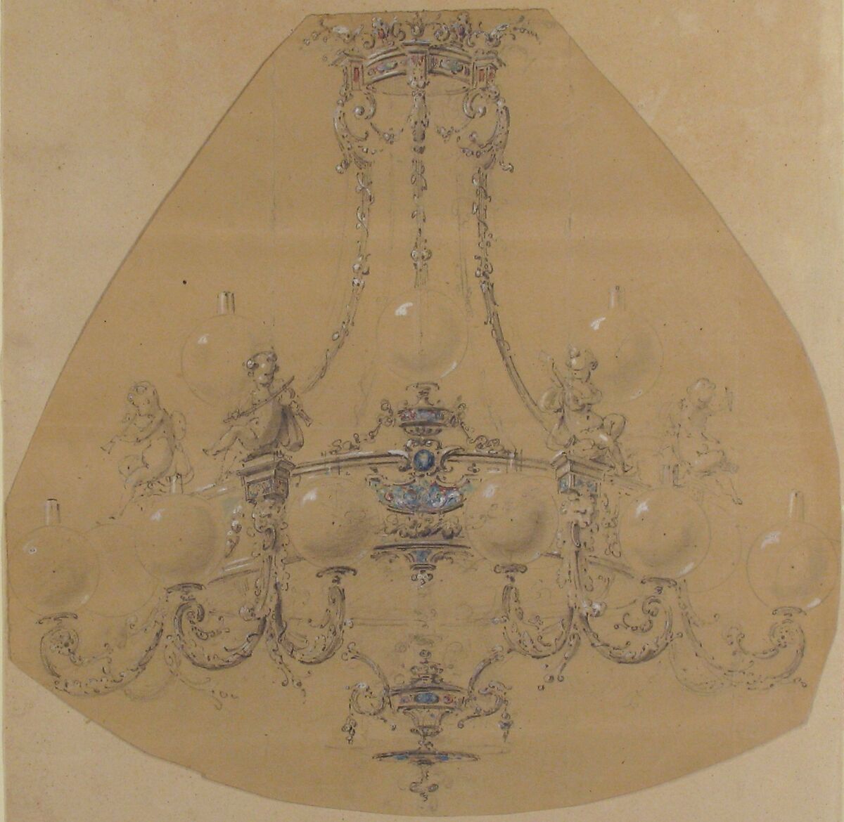 Design for a Gas Chandelier, Anonymous, French, 19th century, Graphite, gouache