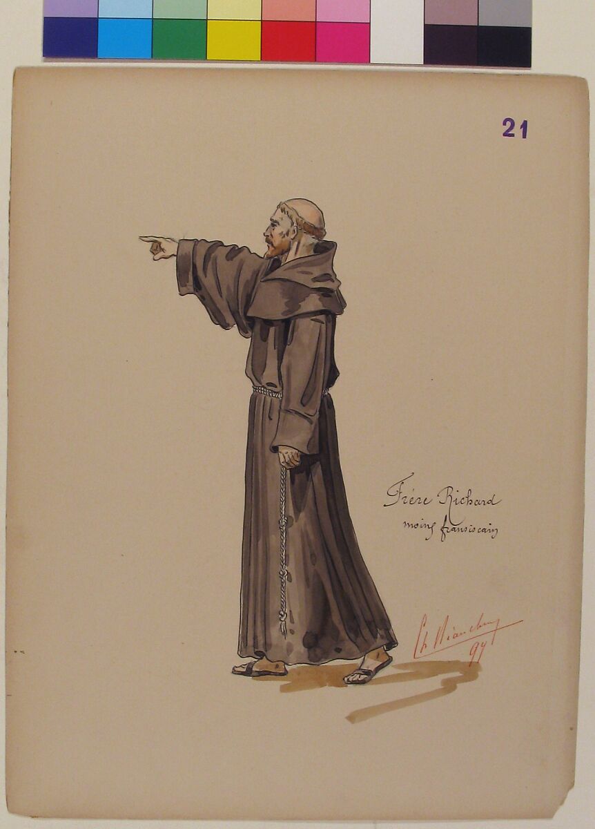 Brother Richard, a Franciscan Monk; costume design for Jeanne d'Arc by the Paris Opera Company, 1897, Charles Bianchini (French, Lyons 1860–1905 Paris), Pen and black ink, brush and brown wash