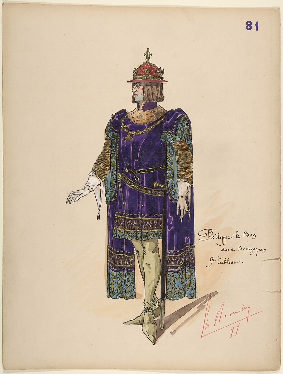 Philip the Good, Duke of Burgundy; costume design for Jeanne d'Arc by the Paris Opera, Charles Bianchini (French, Lyons 1860–1905 Paris), Pen and black ink, watercolor, gouache 