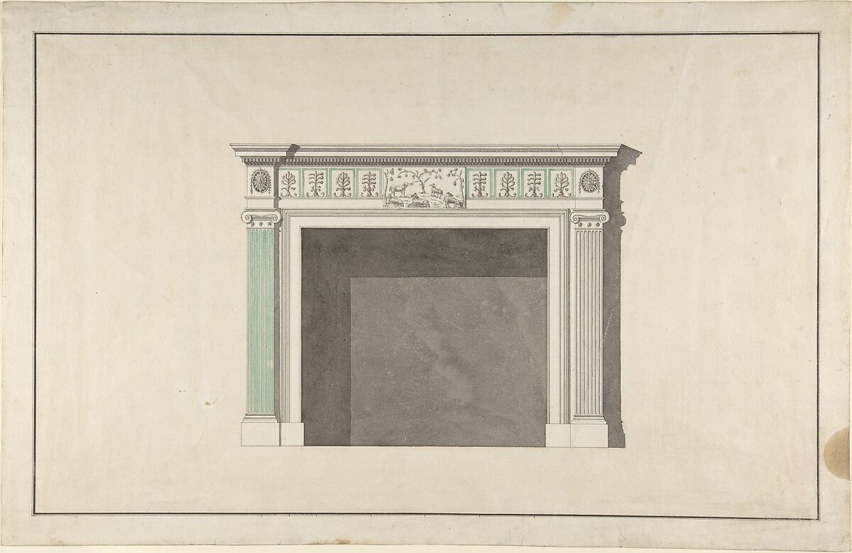 Design for a fireplace, Attributed to Robert Adam (British, Kirkcaldy, Scotland 1728–1792 London), Pen and ink, brush and wash, watercolor 