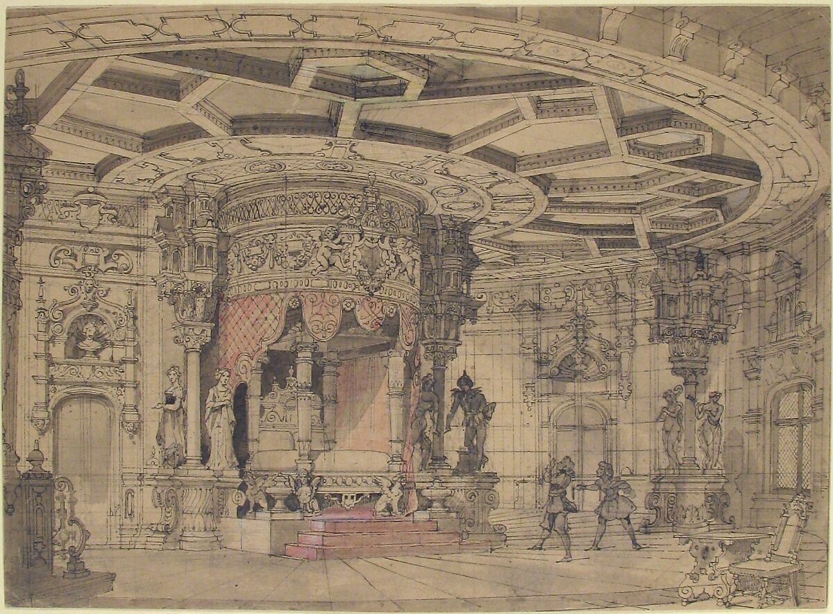 Design for a Stage Set, Anonymous, French, 19th century, Graphite, pen and black ink, brush and gray and pink washes