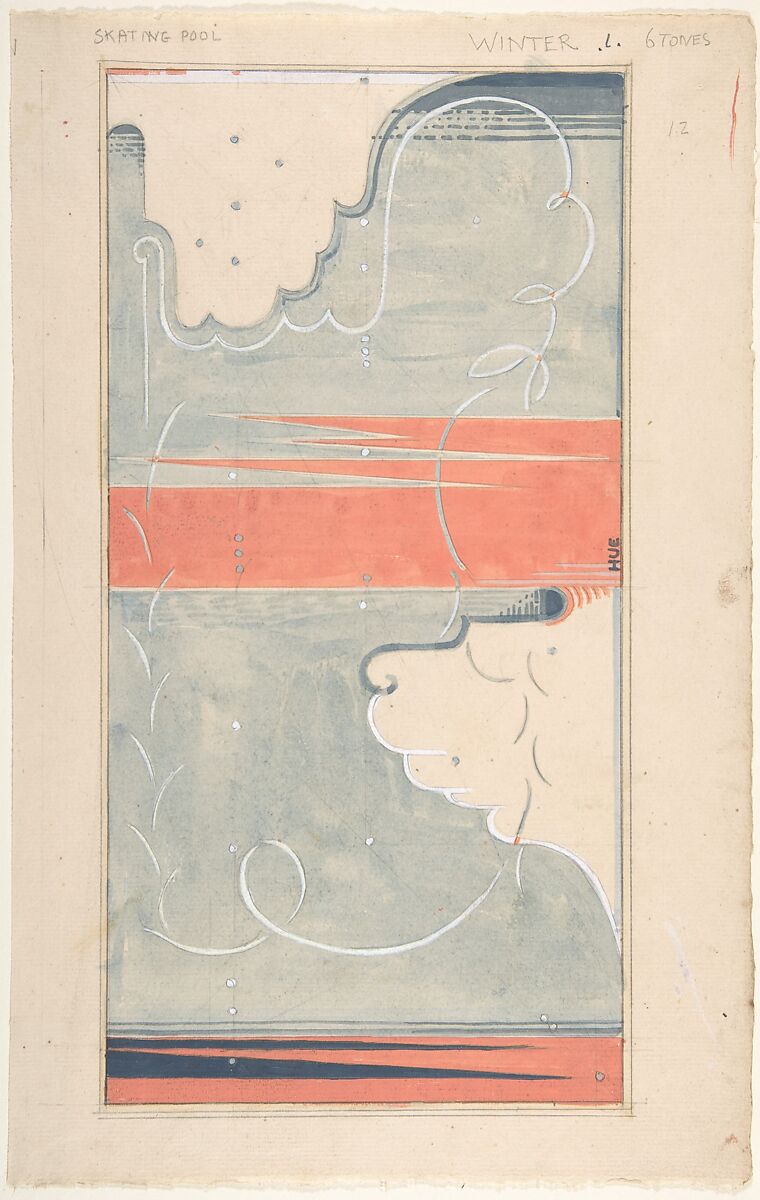 Design for a Rug: "Skating Pool, Winter", Maxwell Ashby Armfield (British, Ringwood, Hampshire 1881–1972 Warminster, Wiltshire), Watercolor over graphite 
