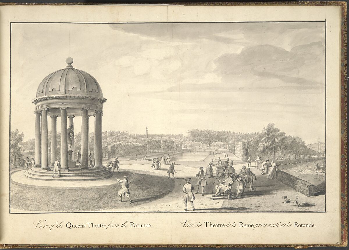 View of the Queen's Theatre from the Rotunda at Stowe, Buckinghamshire, Jacques Rigaud (French, Marseilles 1681–1754 Paris), Pen and ink, brush and wash 