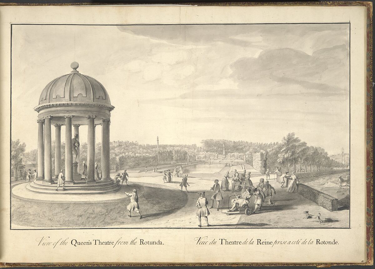 View of the Queen's Theatre from the Rotunda at Stowe, Buckinghamshire, Jacques Rigaud  French, Pen and ink, brush and wash