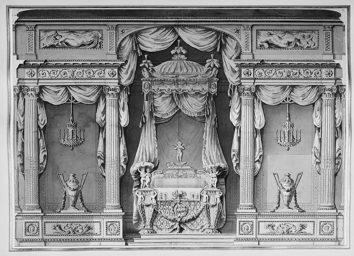Design for a Canopy Bed in an Alcove, Anonymous, French, 18th century, Pen and black ink, brush and brown and gray wash 
