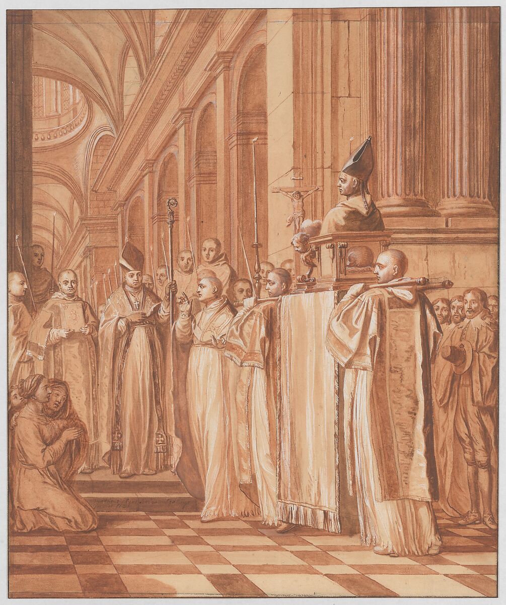 Scene 36: Reception of the heart and head of the Blessed Father Dom Jean de la Barrière, brought from Rome to his Abbey of Feuillants in 1626, where they are carefully preserved along with other relics of the Holy Abbot, Matthieu Elias (French, Peene 1658–1741 Dunkerque), Red chalk, pen and brown ink, brush and brown wash, heightened with white, over graphite 