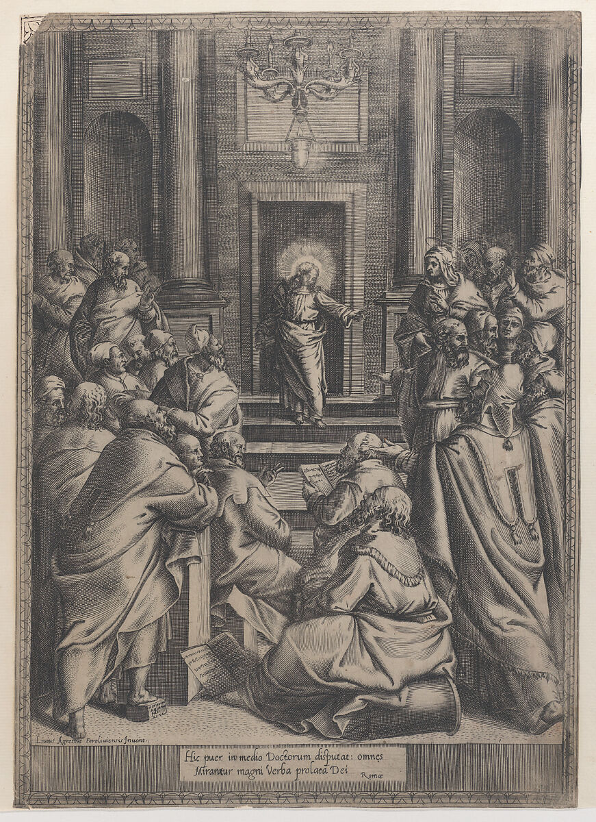 Christ Disputing in the Temple, Orazio de Santis (Italian, active 1568–77), Etching and engraving 